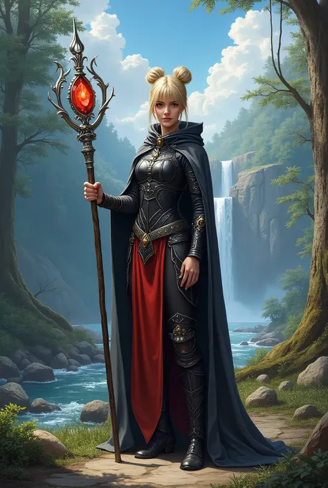 In RPG style, in style of Dungeons & Dragons, in style of fantasy painting. Full body view, looking at the viewer. Image of a female mage holding metal quarterstaff with small red crystal on top.Tight black red cloth armor with dark grey cape, black pants,...