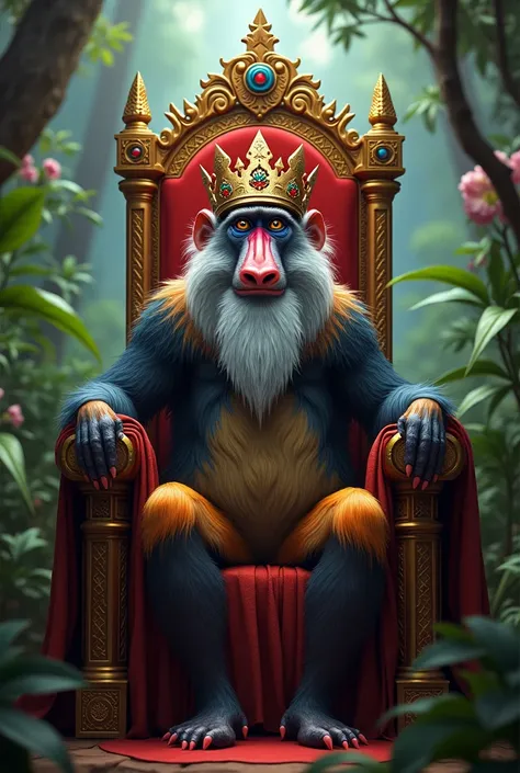 Rafiki baboon sitting on the throne with a crown on his head 