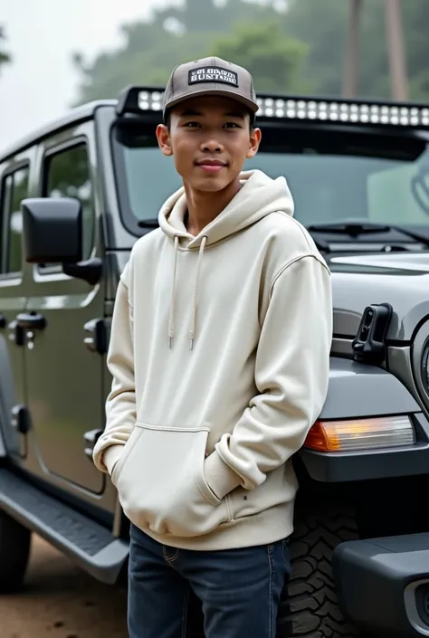 Jeep car Indonesian male 25 years old wearing basketball cap and medium white Hoodie jacket standing side by side there is a full body Jeep car size UHD 