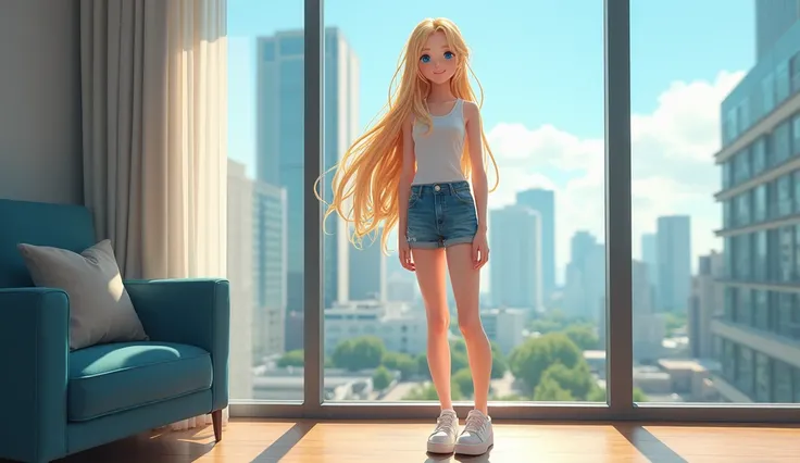 High quality. A real girl with 18 years old with beyond floor length blonde hair and see her "whole" body standing on the right of floor to ceiling window, must see her whole body. The scenario of window shows summer city in modern city. This graph MUST se...