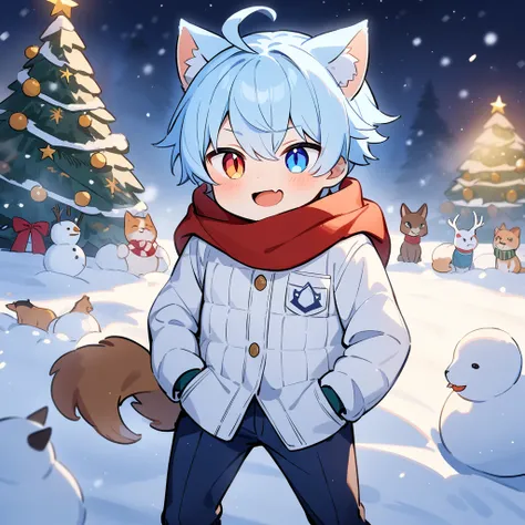 （masterpiece：1.2，high quality），8k，High resolution，A seven-year-old boy，cute boy，light blue hair，short hair， heterochromia，slit pupils， ahoge，cat ears，laughing， skin fang，Wearing a white coat，scarf，Dark blue pants，Christmas ，night，Christmas tree，Gift，primar...