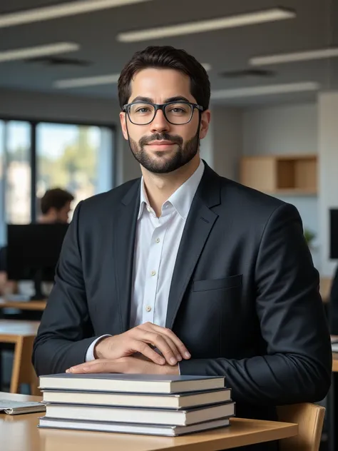 Capture a professional LinkedIn portrait of a 40-year-old male educator with neatly groomed dark brown hair and a short beard Black frame glasses. He wears a well-fitted blazer over a white shirt, complemented by a subtly patterned tie, symbolizing his rol...