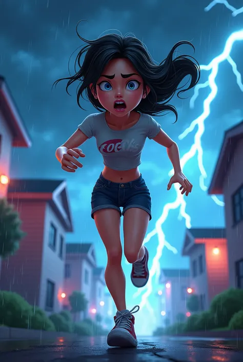 make a tall female roblox character running from a dangerous thunder storm with a frightened face in roblox style