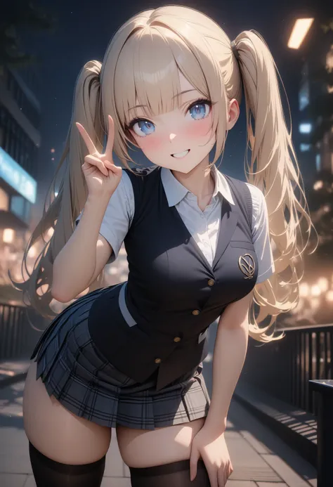 Masterpiece, ultra detailed, 8k, best quality, 1girl, student uniform, plaid skirt , Blonde, twin tails, blunt bangs, cute eyes, blue eyes , nice smile, hand peace sign, black thighhighs, A bustling park at night, white panties