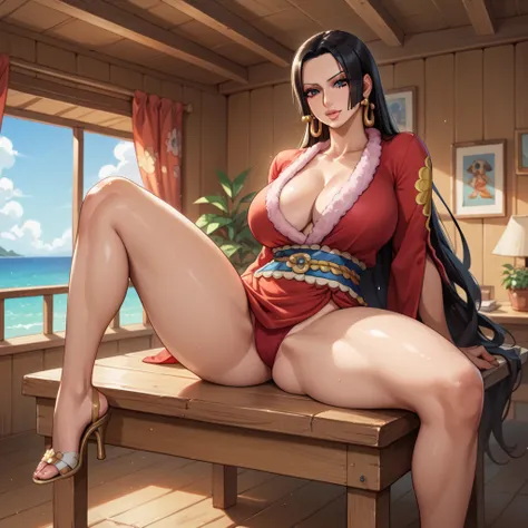 ((thick body mature female Boa Hancock from One Piece Anime women age 40 super model )) sitting on wooden desk, old ship cabin, open legs, 