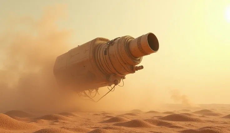 在一个尘土飞扬的沙漠场景中， floats a brown military telescope in a dusty desert scene， surrealism, futurism, 8k, UHD, masterpiece, accurate, super detail, high details, high quality,  highres icon, best quality