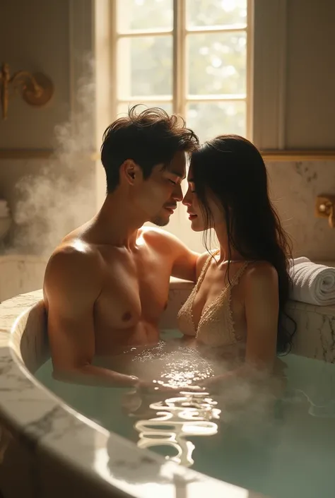 Japanese woman in a bathroom with her boyfriend. Both are wearing a luxurious see through clothes bathing in a bathtub