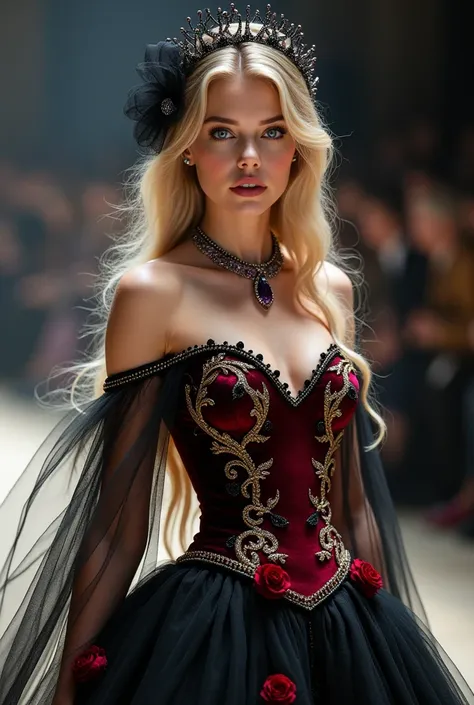 Fashion show, blonde woman, very long blonde hair, dark blue eyes, wearing black and black tulle dress, with crimson velvet bodice with gold and silver threads and small red roses decorating the waist, black tulle veil with shiny dots on her head, amethyst...