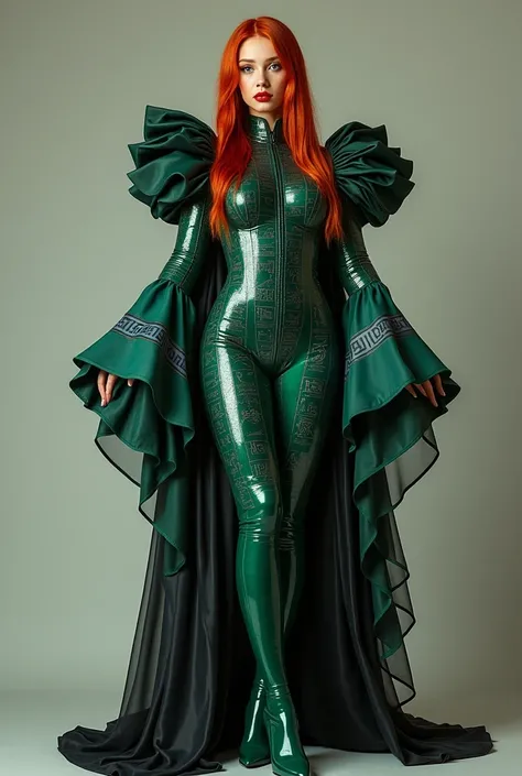  Realistic full body head to toe photo to be ， The picture contains the whole dress from head to toe ， A young Russian woman standing ，190 cm high ， big  but thin waist ，Pure red hair ，Very long hair ，The latex dress, inspired by the Egyptian god Anubis , ...