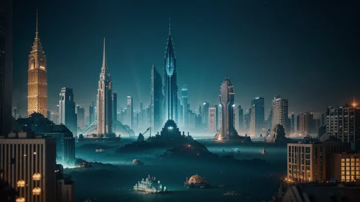 Magnificent city of Atlantis, underwater metropolis, ancient architecture, vibrant coral reefs, shining crystal structures, lush marine life, digital art, beautifully illuminated, cinematic composition, intricate details, by Mike Winkelmann (Beeple) and Si...