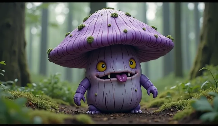 Mushroom Monster、 The body of the mushroom is light purple and 、The umbrella part is dark purple 、 fine lines are drawn to express a natural and organic appearance 。poison々 The purple umbrella is large, rounded 、 is sprinkled with irregular green spots rem...