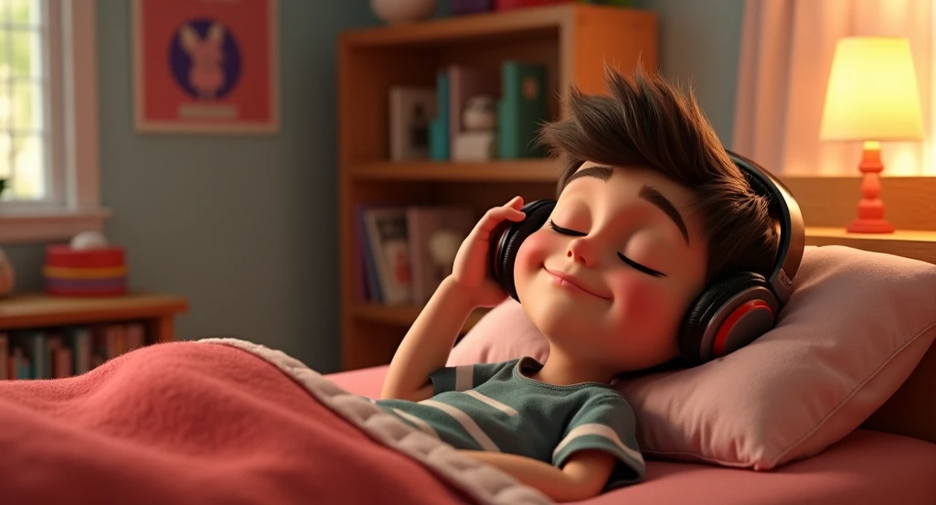 There are a boy laying on the bed at his bedroom, listening music, 3d pixar style, Solo, 