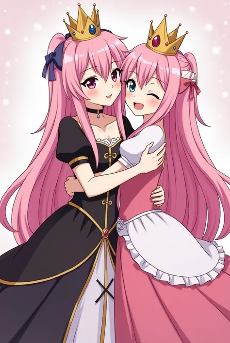 Boku Female Anime , long pink hair, left eye pink,  while the right one blue,  dressed as Reyna and her crown , Boku Female Anime , long pink hair y negro,  dressed as a princess and with her crown, hugging mother and daughter  