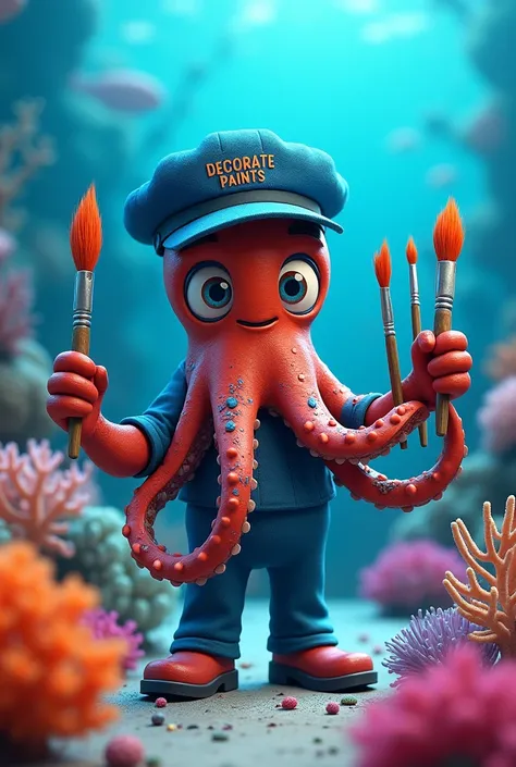  A mascot of an animated octopus ,  holding several paint brushes on each tentacle,  in a very colorful coral on the bottom of the sea , And all dirty with colored ink , wearing a blue uniform  , and blue cap,  written on the cap DECORATE PAINTS ...