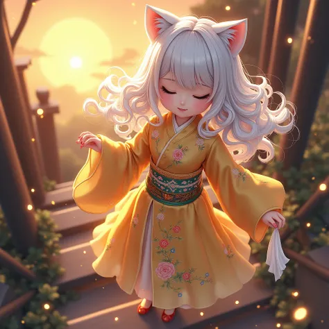 A mesmerizing and enchanting anime-style illustration featuring a stunningly beautiful and charming girl. She has fair skin, an expressionless face, and long, curly white hair adorned with cat ears. The girl wears a golden ancient Chinese robe, intricately...