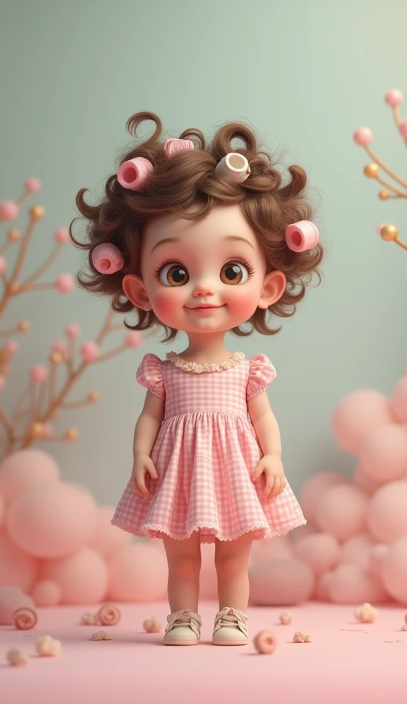 A very cute baby standing in a pink checkered dress with curlers all over her hair 