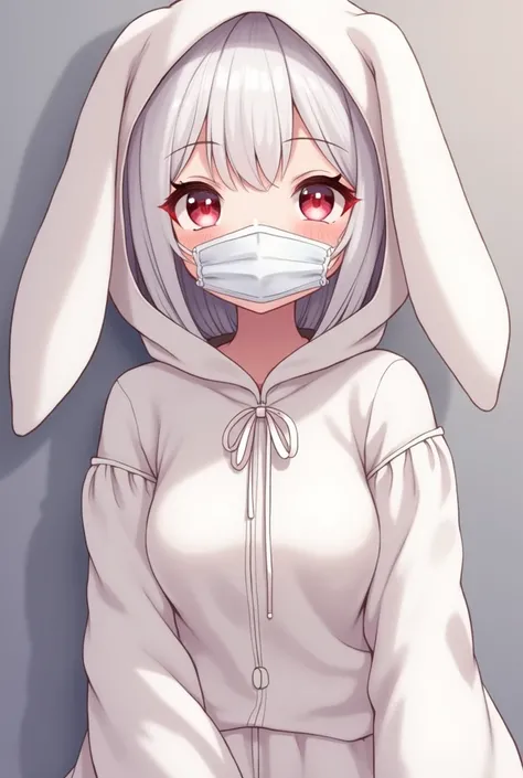 araffe wearing a white bunny costume and a white mask, a picture inspired by Li Mei-shu, tumblr, sōsaku hanga, with long floppy rabbit ears, anime cosplay, with bunny rabbit ears, high quality costume, anime girl cosplay, cute fumo plush bunny girl, ruan c...