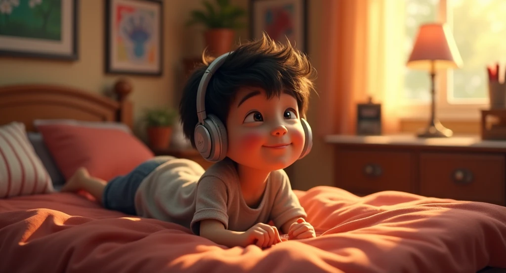 There is a  boy laying on the bed at his bedroom, listening music, 3d pixar style, Solo, 