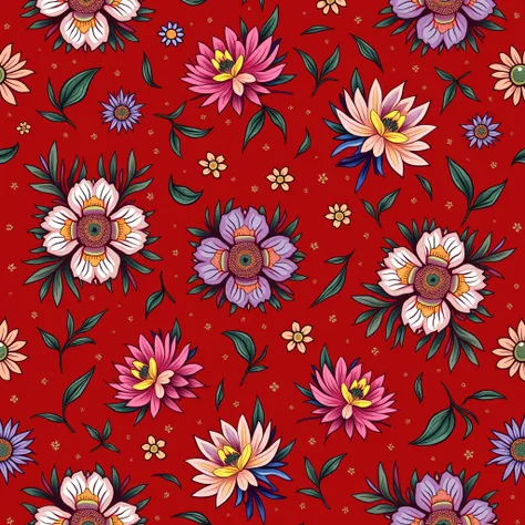 A wallpaper background consisting of colorful flower patterns against a red background 