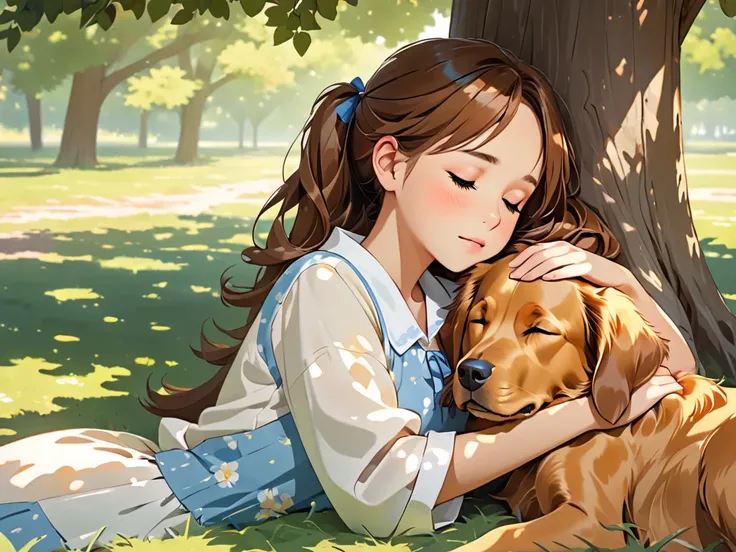 Pigtails, Brown Hair Young Girl, the shade of a tree, Retriever, Sleeping, Relaxing, High Definition.
