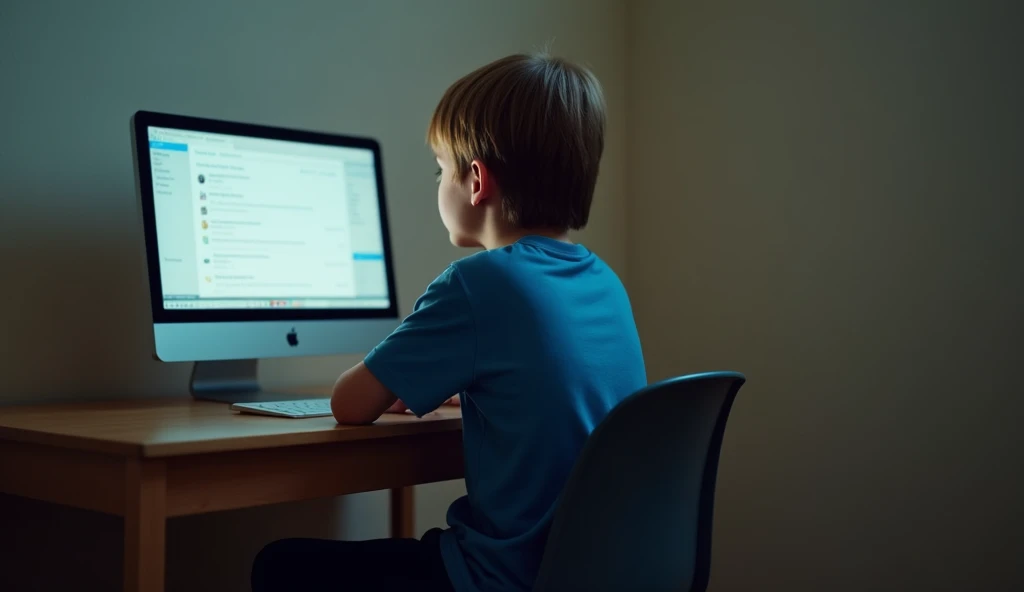 A quiet room with a wooden desk against the wall, holding a computer with a glowing screen. Sitting in front of the computer is a  boy with straight brown hair, wearing a blue T-shirt and black pants. The boy is seen from behind, focused on the computer sc...