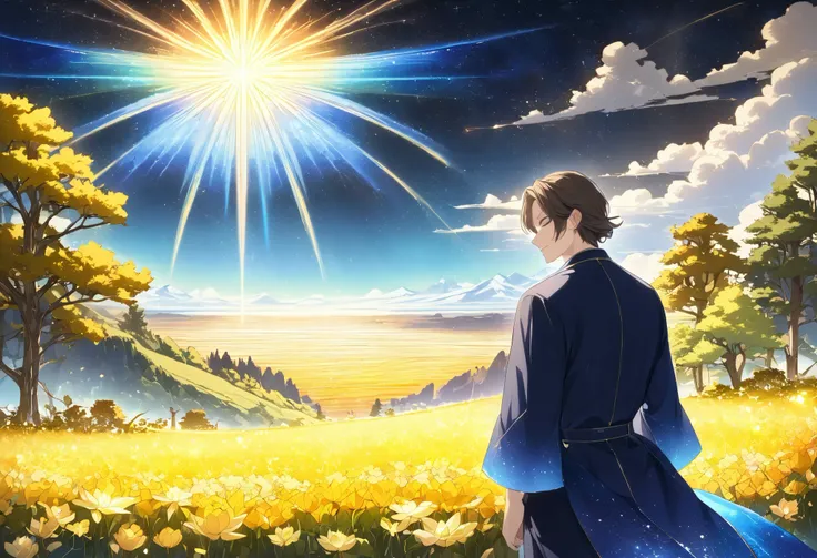 (((Soul Love ))),(((Night scene with a view of the shining plains and cedar groves ))),(( top quality ,masterpiece:1.3)),(( Mysterious Nature :1.2)),(( Overall Bluish :1.4)),(( Back of a man wearing a navy blue robe that is easy to move)),(( gradation rich...