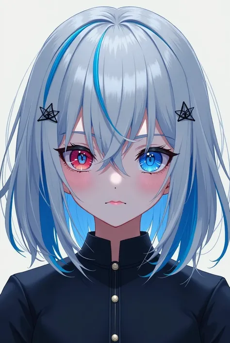 blue eyes, red eyes, odd-eye, girl with closed mouth, bob hair, boyish white hair blue hair mesh hair no frills short hair