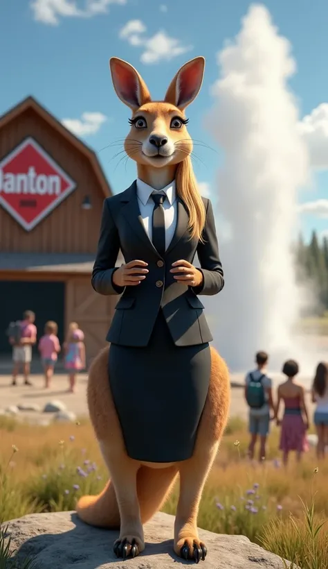 **Prompt:**

Create a hyper-realistic digital artwork featuring an anthropomorphic female kangaroo **delivering a speech to a gathered audience in Yellowstone National Park**, with the iconic **Old Faithful geyser** erupting majestically in the background....