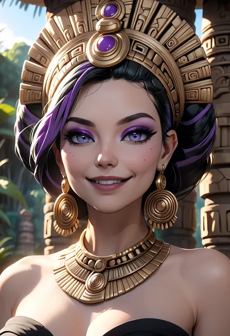 Yzma, eyeshadow,pale skin,eyelashes,eye half open, open mouth, 
Black dress, jewelry ,bare shoulders, round earrings ,collar bone,   headband, 
long earrings, sagging breasts,
smile,upper body, teeth,
gold Aztec temple, trees,
(insanely detailed, beautiful...