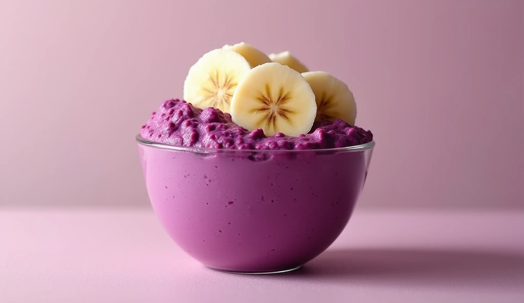  Based on the recipe below ,  generates a beautiful image that represents the dessert ready in a beautiful cup.  Açaí Cream with Banana
Ingredients :
     • 1 frozen açaí pulp  (100 g)
     • 1 ripe banana
 • 1 / 2 cup of plain Greek yogurt
 • 1 tablespoon...