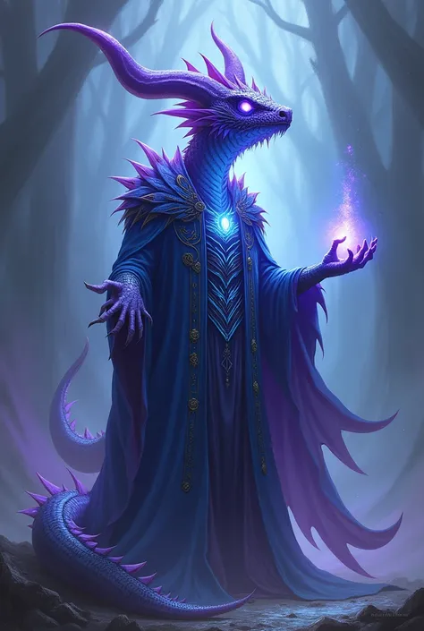  a draconic blue with purple, high, his purple eyes , in wizard clothes, horned.