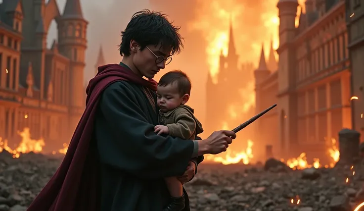 Harry Potter holding his baby  and ready for war with his magic stick in the Hogwarts. Fire ans ash everywhere. 