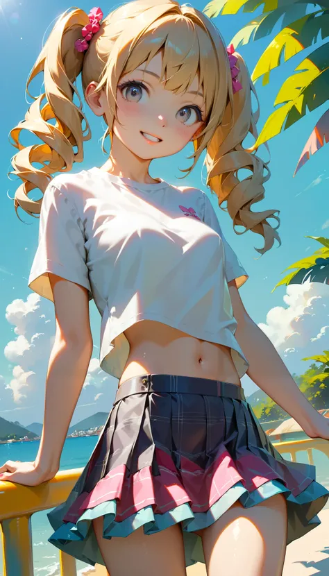  top quality 、masterpiece、 realistic 、 perfect anatomy, One Girl ， ash-blond hair 、Very small build 、cute、 gray eyes、、 twin tails、 white t-shirt、(  gingham check culotte skirt:1.37)，belly button，blank， Black Light