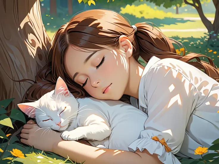 Pigtails, Brown Hair Young Girl, the shade of a tree, white cat, Sleeping, Relaxing, High Definition.
