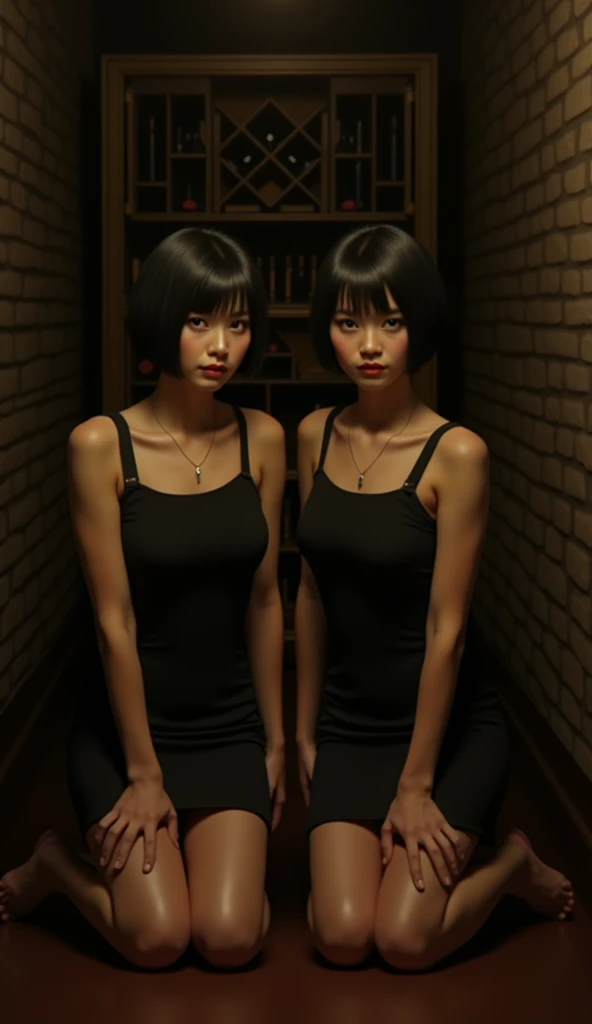 16K quality， Ultra HD， ultra-realistic style ，Take a picture of the cellar in the basement ，At the front end of the picture, there is a closed door and a wine cabinet， There is a pair of twins kneeling head-on facing the picture，Twin women wearing black su...