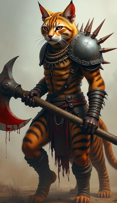 A humanoid cat with striped, battle-scarred fur and fiery orange eyes, adorned with tribal bone armor and a spiked metal shoulder plate. They wield a massive war axe, dripping with fresh blood,   riding in a hours and in a war