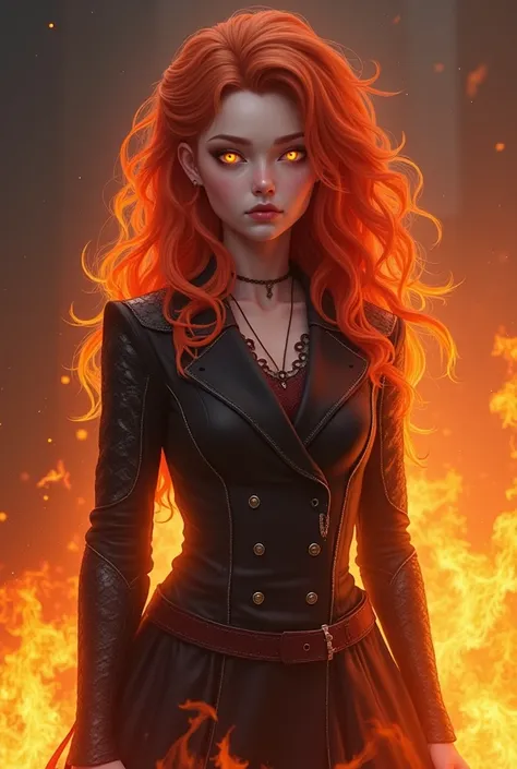 An ifrit ,  mixed hair with flames , Wear overcoat ,  flames around her body ,  her skin is slightly pinkish white ,  she has black scales like skin on her arms,  her eyes shine and look like calm flames ,  look serious and distracted  