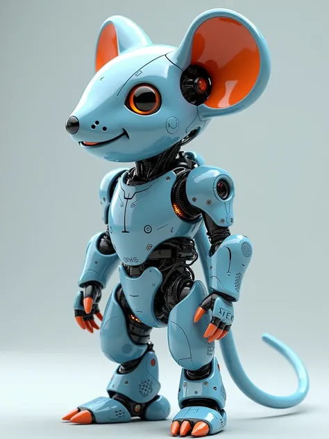 C4D Modeling，UE5 Rendering，A mouse-headed mecha， fine internal parts， anthropomorphic structure ，Transparent housing，Mechanization，grey， blue，Colorblock coating ，Full of details， realistic lighting ，Ray tracing effect， cyberpunk，Wide-angle lens，Full body p...