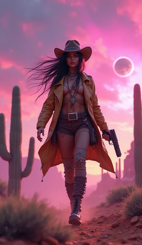 (photorealism:1.2), beautiful woman, 
A breathtakingly vivid depiction of a stunningly Very beautiful woman, clad in a desert cyberpunk outfit,  cowboy hat, hthrough a desert landscape dotted with futuristic cacti and abandoned spacecraft. She wields a rev...