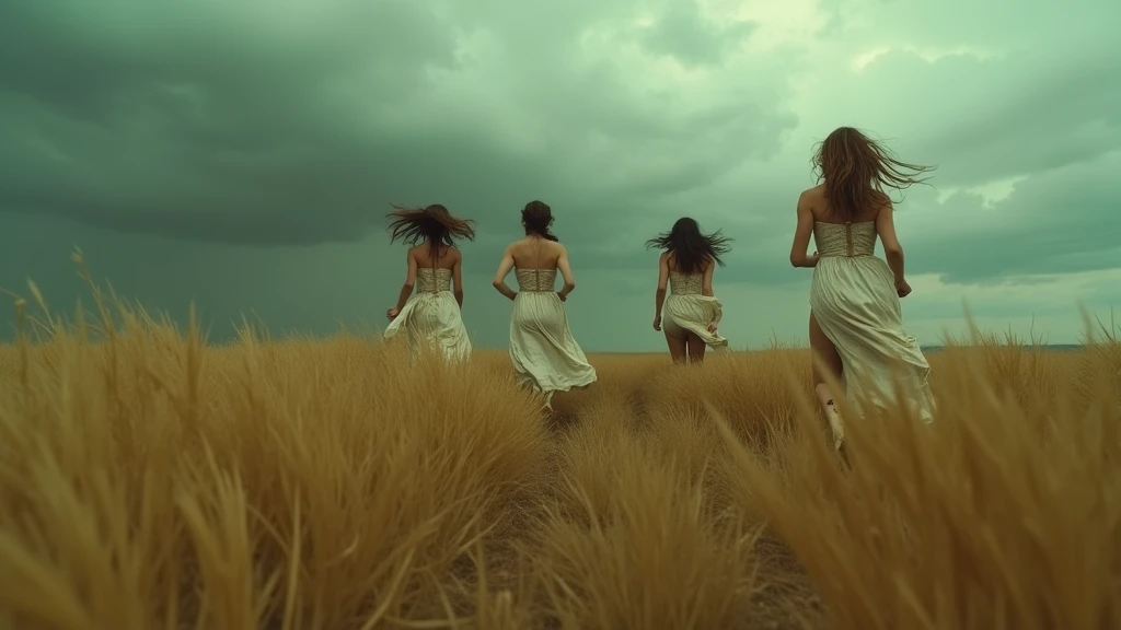 A cinematic and ultra-realistic 4K scene of four women running through a vast field of tall golden grass. The women wear vintage, flowing dresses with intricate details, and their hair flows in the wind as they move with urgency. The overcast sky above is ...