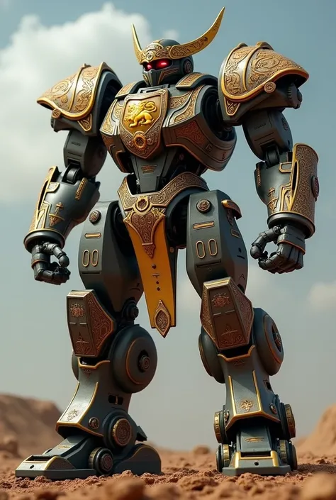 "A fierce warrior-style robot shaped like Sri Lanka, with armor inspired by the Sri Lankan flag. The robot has a golden lion with a sword on its chest, detailed with traditional Sri Lankan patterns. Its arms are strong and armored, and it stands ready for ...