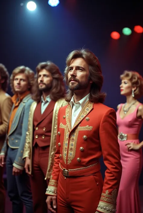 A vibrant scene featuring the Bee Gees on the left, Victoria Principal on the right side in the background, and Andy Gibb prominently in the foreground. The Bee Gees are dressed in their iconic 70s attire, with colorful lights illuminating them. Victoria P...