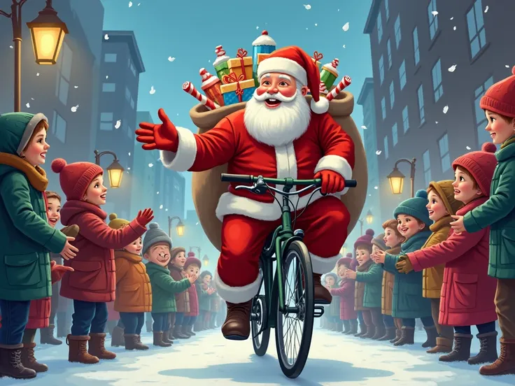 Santa Claus cyclist ,  giving toys . sweets, food,  to needy street ren