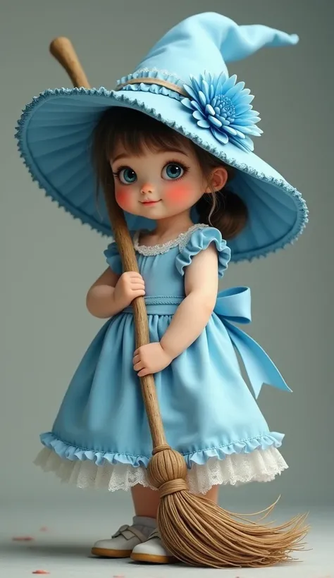  A realistic baby in a light blue dress with ruffles,  tied hair ,  a blue hat with a blue flower on the side   , She is standing with a witchs broom   