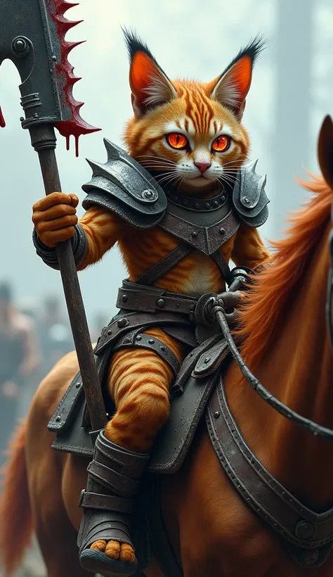 A humanoid cat with striped, battle-scarred fur and fiery orange eyes, adorned with tribal bone armor and a spiked metal shoulder plate. They wield a massive war axe, dripping with fresh blood,   riding in a horse and in a war