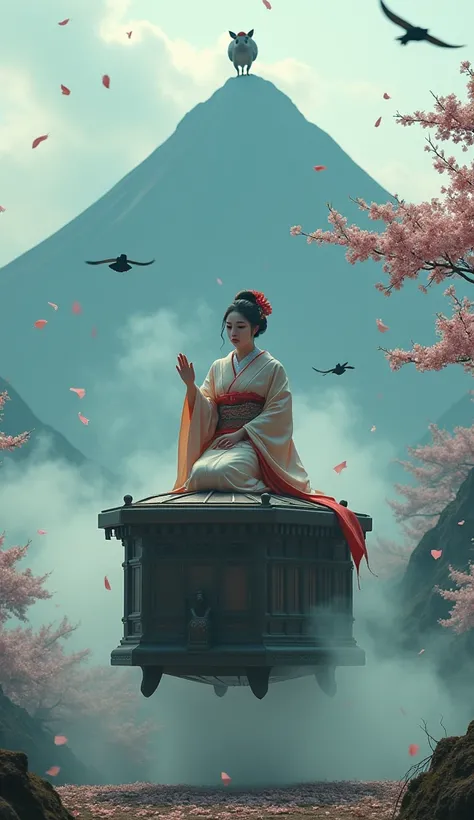  a Japanese woman，Japanese geisha dress up， exquisite makeup ， kneels on top of an ancient, strange and mysterious coffin， raise both hands，A woman and a coffin hang in the middle of the air ，At the top of the coffin stands a pig wearing a Japanese militar...