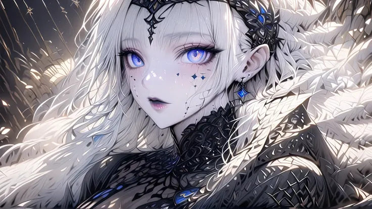 ( top quality 、 real:1.37) White-haired elf、The black queen with blue eyes 、 expresses her royal elegance 。 This portrait captures her royal aura and mystical charm {x} She is wearing a stunning black dress that contrasts beautifully with her white skin。 H...