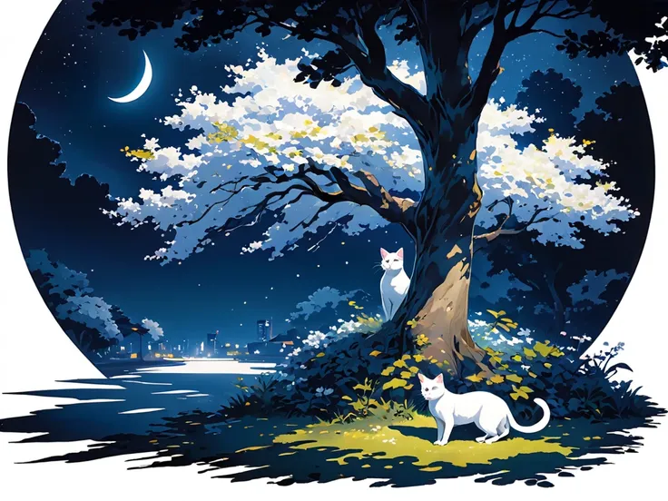 the shade of a tree, white cat, Night, High Definition.
