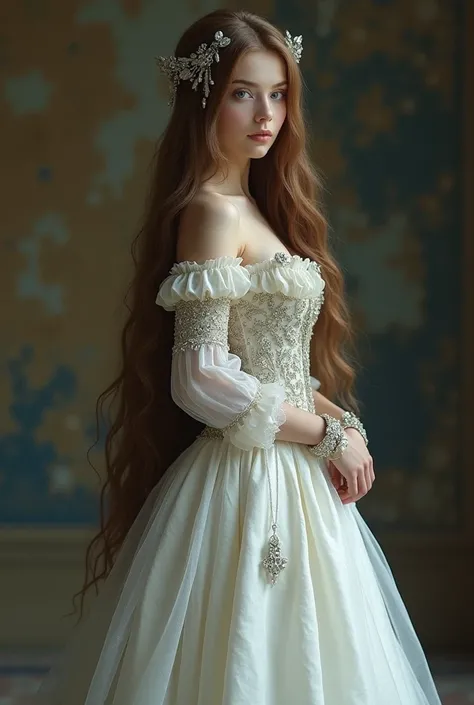 Woman in standing position (( full body)) ((extremely long brown hair)) white eyes wearing 19th century white wedding dress with jewels 