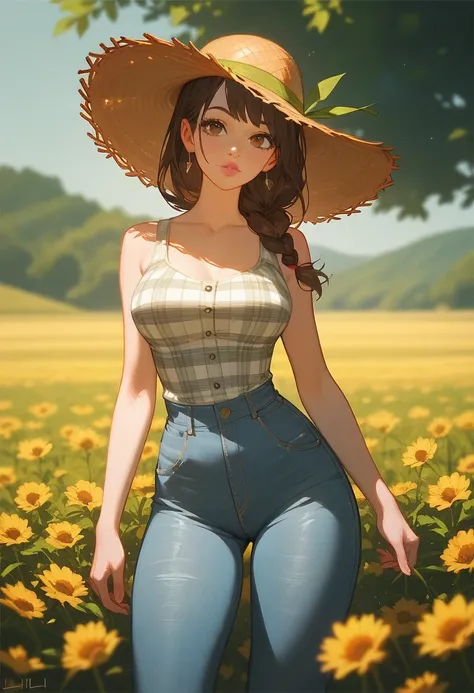  Anime farmer girl  [ dark brown hair tied in braid , loose side fringe ,  fair skin ,  large and expressive brown eyes ,  pink lips ,  curvy body,  fine winding,  straw hat on the head ;  pose sideways with one hand holding her hat and her body slightly t...